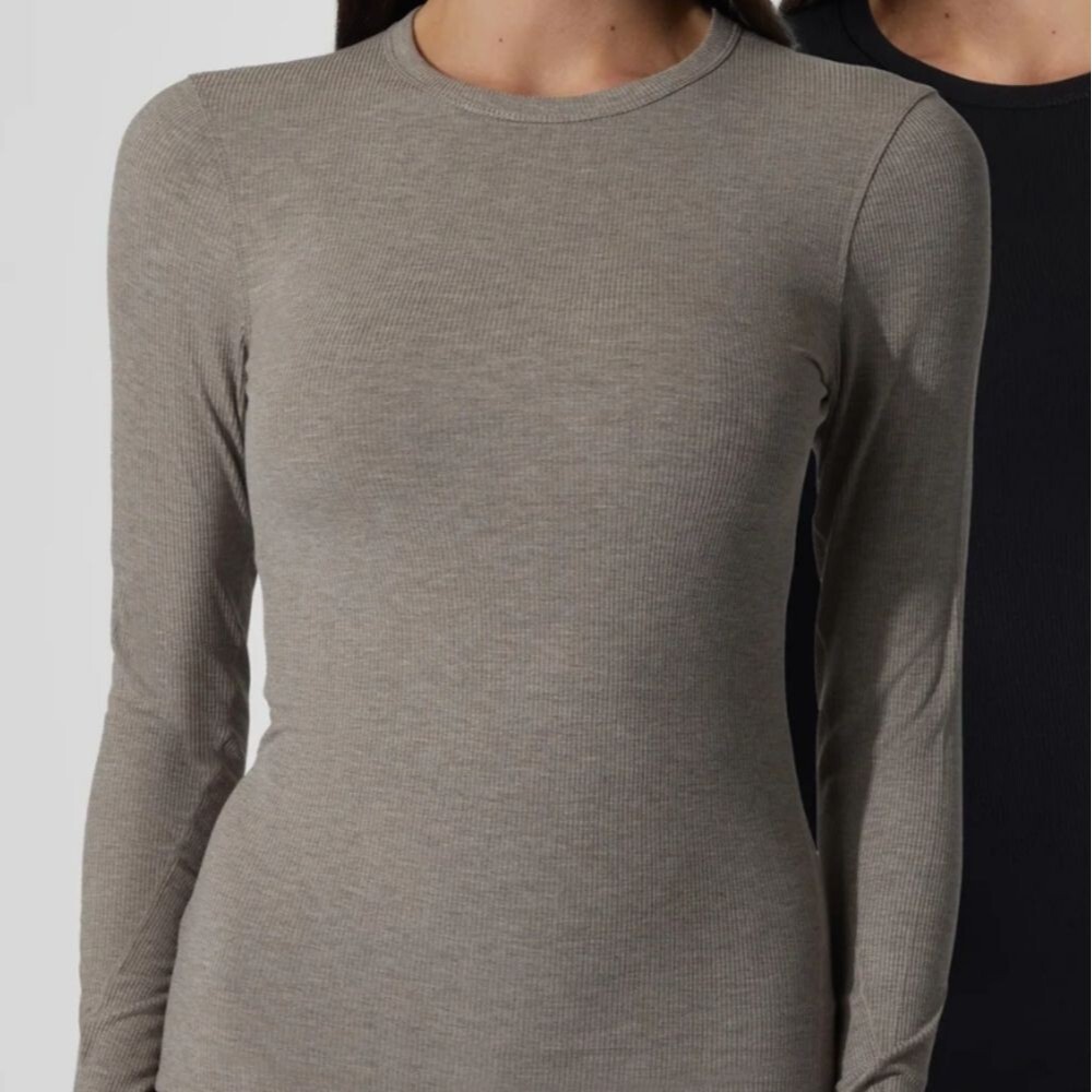 Athleisure Taupe Long Sleeve Ribbed Crew Neck Top Size L